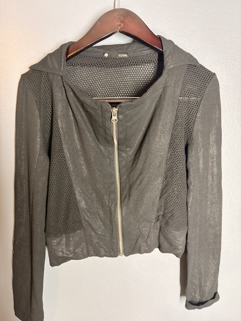 Krisa Mesh /suede Jacket Boutique Black Open Knit Flare Zip Size Small